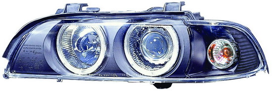 BMW E39 Фара л+п (комплект) тюнинг (ксенон) со светящимися ободками (ангельские глазки) с хрустальным указатель поворота внутри черная на BMW e39 (БМВ е39) - цена, наличие, описание